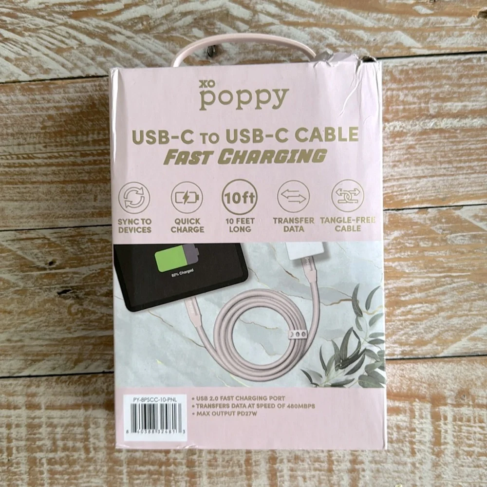 🌸 xo poppy 10ft USB-C to USB-C Cable – Light Pink, Fast, and Fabulous! 🌸 NWT